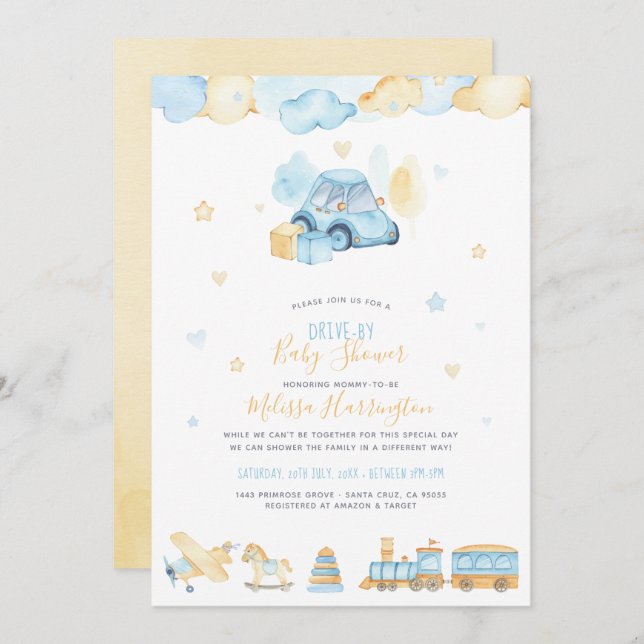 Cute Watercolor Car Pojke Drive by Baby Shower Inbjudningar (Fram/baksida)