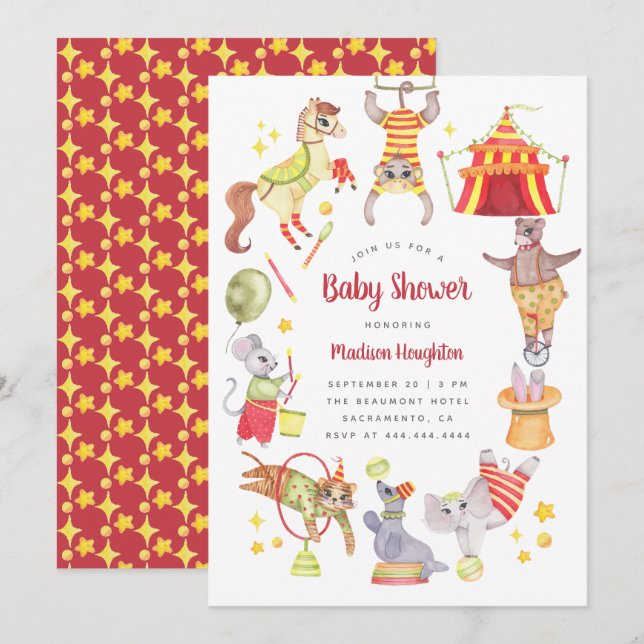 Cute Watercolor Carnival Circus Animal Baby Shower Inbjudningar (Fram/baksida)