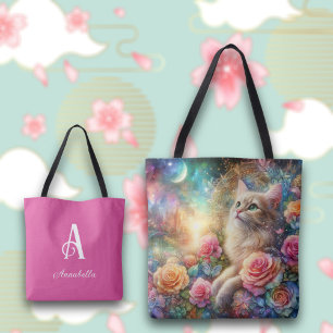 Cute Watercolor Cat Blommigt Fantasy-Personlig Tygkasse