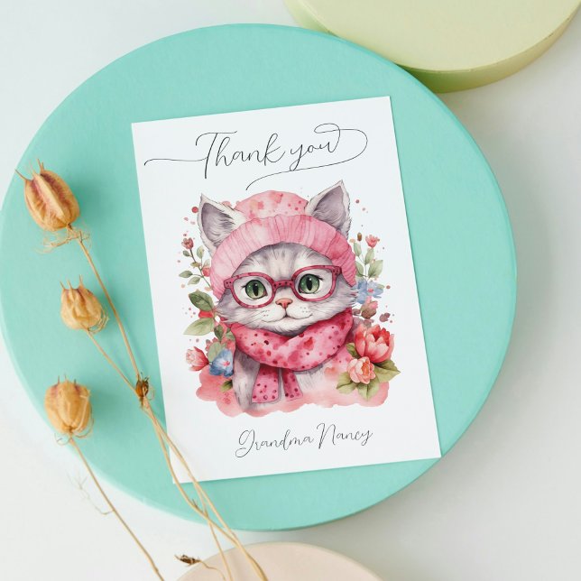 Cute Watercolor Cat Grandma Blommigt Tack Kort (Cute Watercolor Cat Grandma Floral Thank You Card)