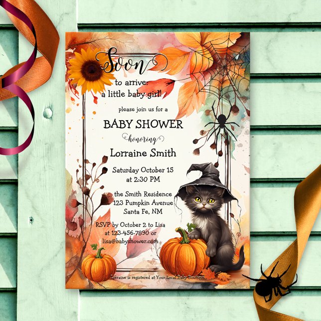 Cute Watercolor Cat Halloween Baby Shower Inbjudningar (A cute baby shower invitation featuring a kitty with pumpkin and a witch hat in lovely watercolor )