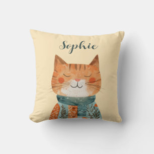Cute Watercolor Cat Illustration Nursery Namn Kudde