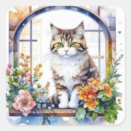 Cute Watercolor Cat in Blommigt Window Fyrkantigt Klistermärke