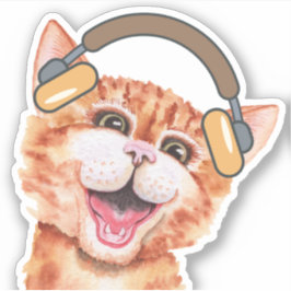 Cute Watercolor Cat Listning to Music Klistermärken
