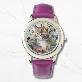 Cute Watercolor Cat Söt Flowers Girly Armbandsur