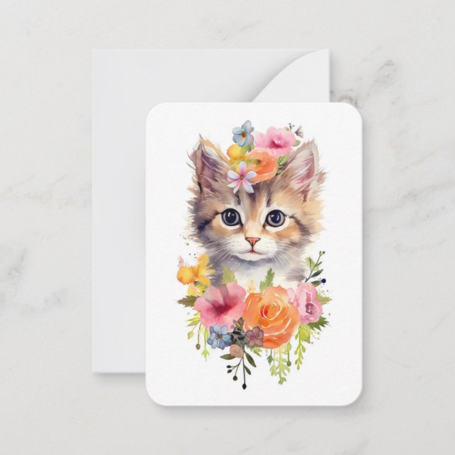 Cute Watercolor Cat with Flowers Anteckningskort (Framsida)
