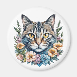 Cute Watercolor Cat with Flowers Magnet