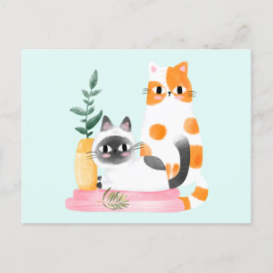 Cute Watercolor Cats and Plants Vykort