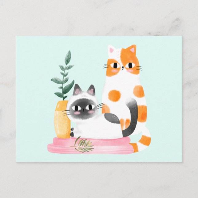 Cute Watercolor Cats and Plants Vykort (Framsida)