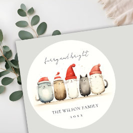 Cute Watercolor Cats Hårig och Bright Jul Runt Klistermärke