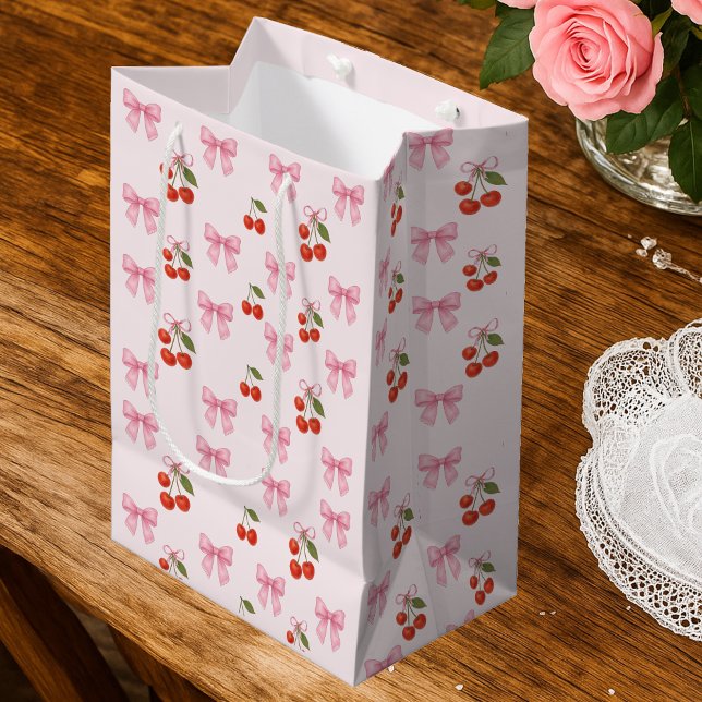 Cute Watercolor Cherry Bow Coquette Mönster (Cute Watercolor Cherry Bow Coquette Pattern Medium Gift Bag)