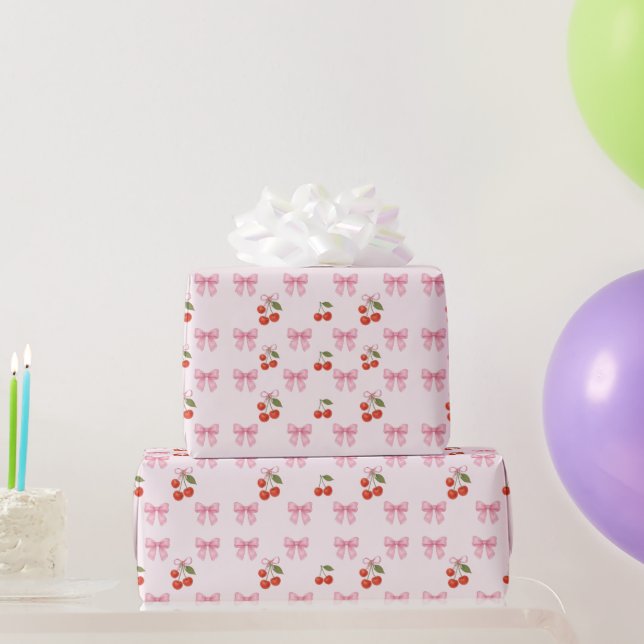 Cute Watercolor Cherry Bow Coquette Mönster Presentpapper (Festgåvor)