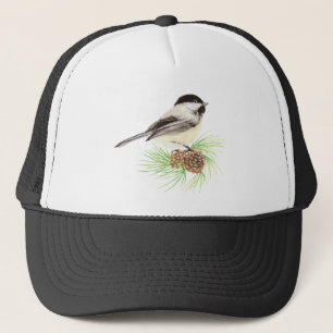 Cute Watercolor Chickadee Bird Gräs Träd Keps