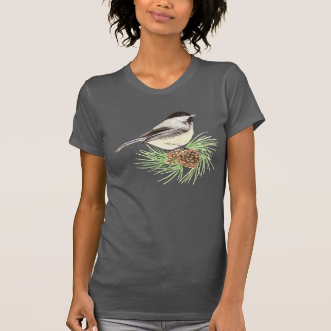 Cute Watercolor Chickadee Bird Gräs Träd Tee Shirt (Framsida)