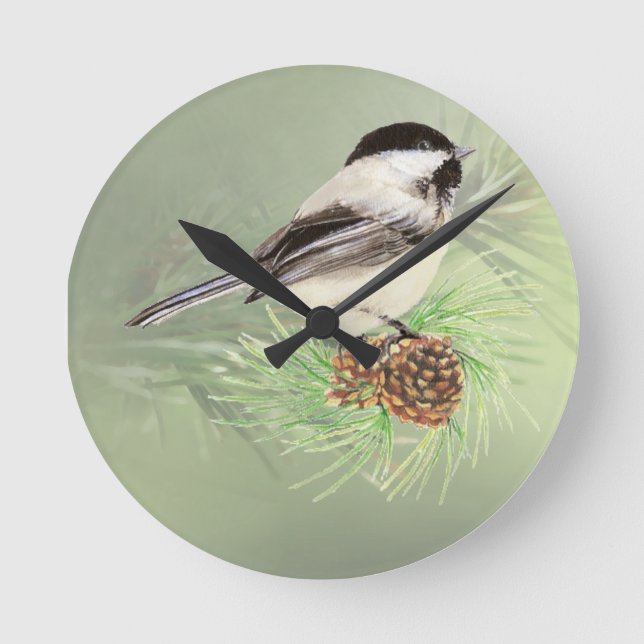 Cute Watercolor Chickadee Bird i Gräs Träd Rund Klocka (Framsida)