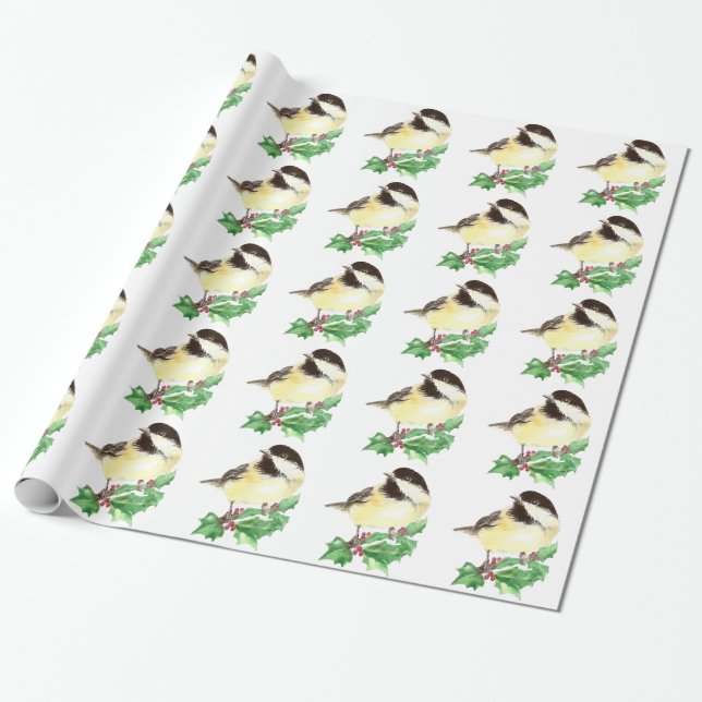 Cute Watercolor Chickadee Holly Berry jul Presentpapper (Utrullad)
