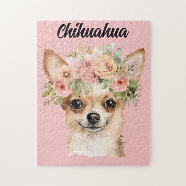 Cute Watercolor Chihuahua Hund/Flowers Pussel (Vertikal)