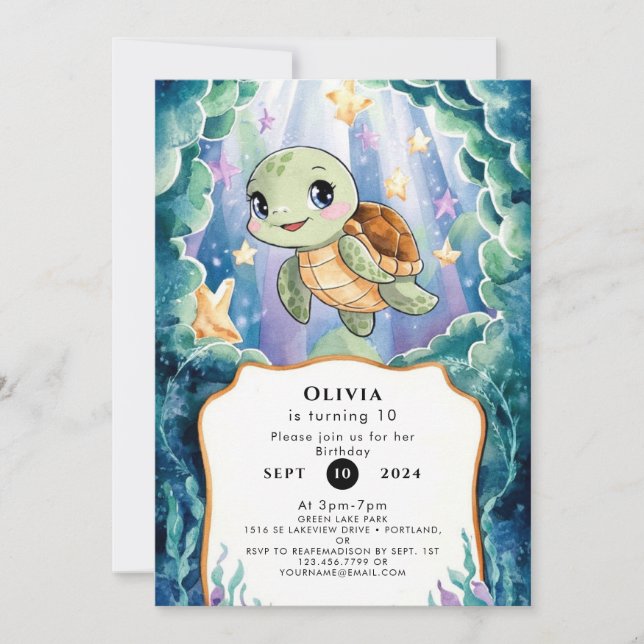 Cute Watercolor Children's Turtle Birthday Inbjudningar (Framsida)