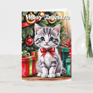 Cute Watercolor Christmas Cat Personalized Greetin Kort