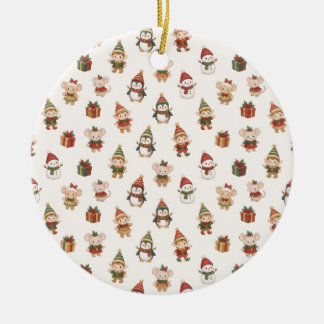 Cute Watercolor Christmas Pattern - Elves Penguins Julgransprydnad Keramik