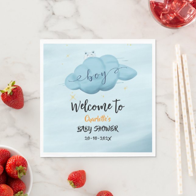 Cute Watercolor Cloud Baby Boy Shower Pappersservett (Insitu)