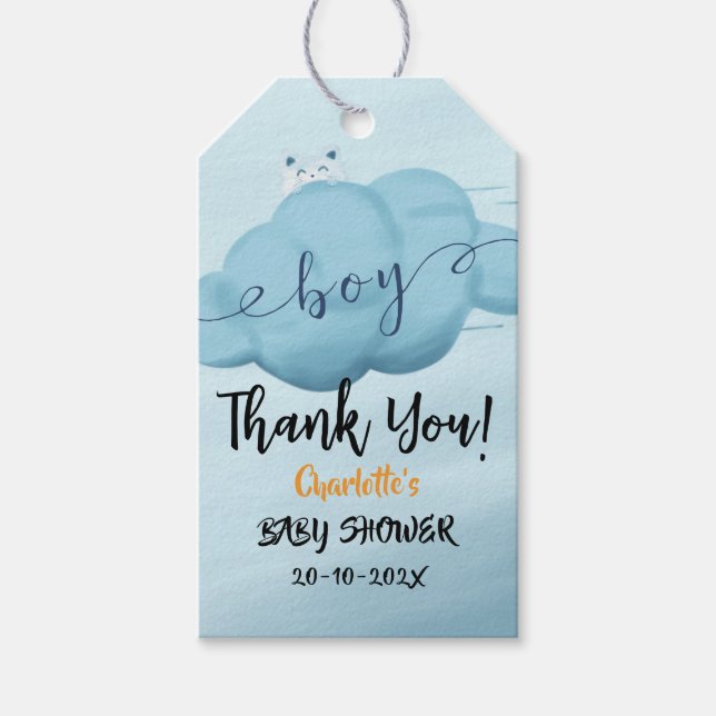 Cute Watercolor Cloud Baby Boy Shower Presentetikett (Framsidan)