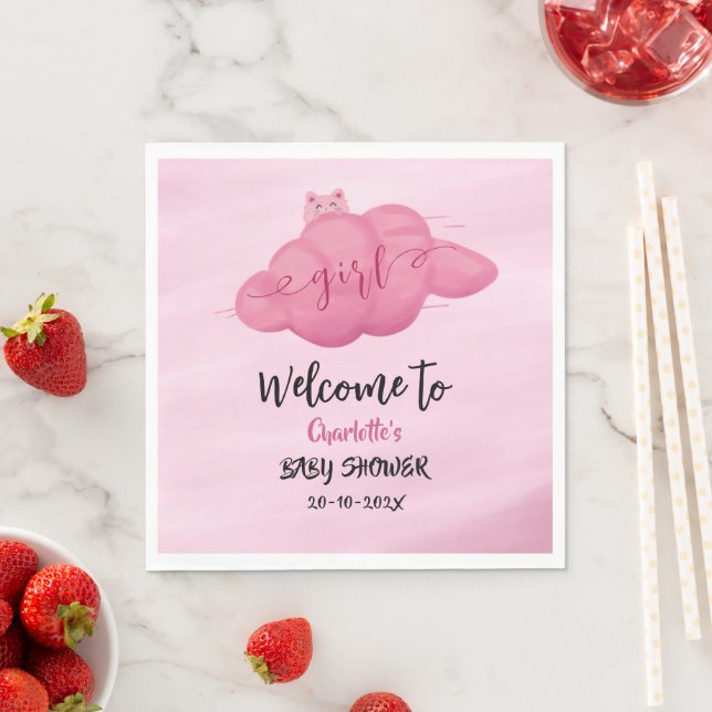 Cute Watercolor Cloud Baby Girl Shower Napkins Pappersservett (Insitu)