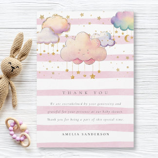 Cute Watercolor Cloud Star Flicka Shower Rosa Tack Kort
