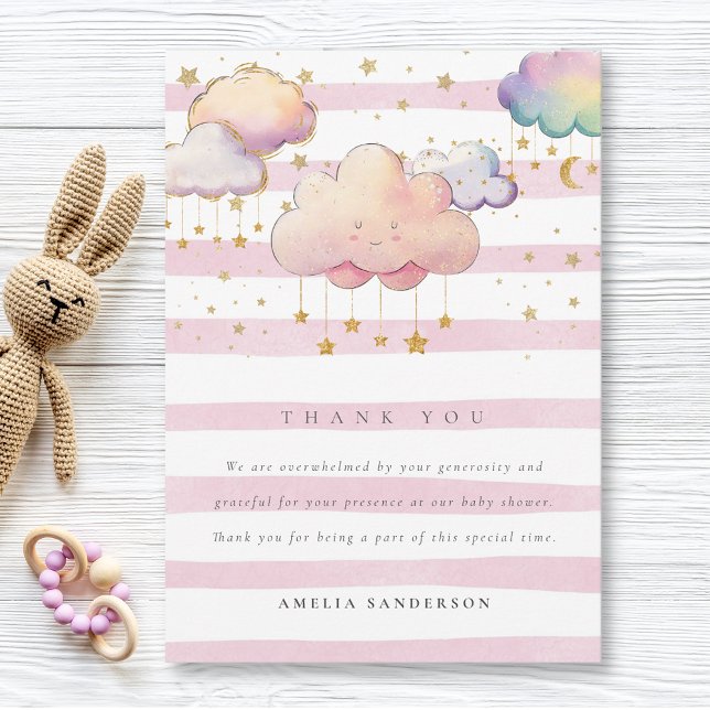 Cute Watercolor Cloud Star Flicka Shower Rosa Tack Kort (Skapare uppladdad)
