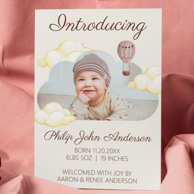 Cute Watercolor Clouds Photo Baby Birth Meddelande (cute watercolor clouds baby birth announcement birth reveal newborn baby photo card. personalizable )