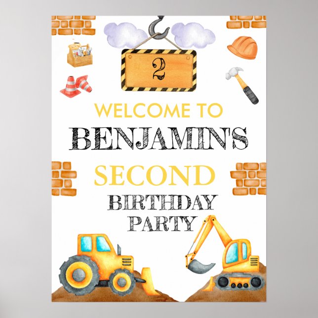 Cute Watercolor Construction Birthday Poster (Framsidan)