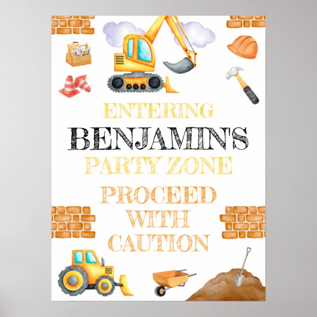 Cute Watercolor Construction Birthday Poster (Framsidan)