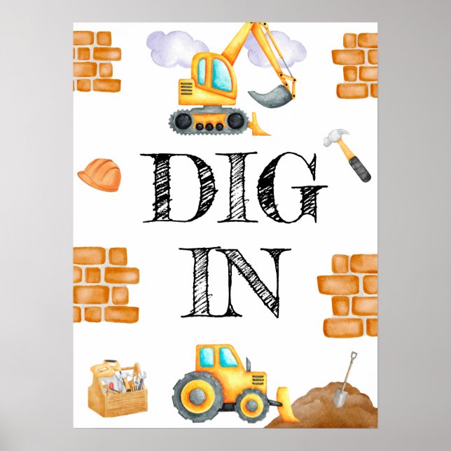 Cute Watercolor Construction Birthday Poster (Framsidan)