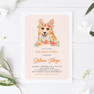 Cute Watercolor Corgi Peach Blommigt Barns födelse Inbjudningar