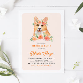 Cute Watercolor Corgi Peach Blommigt Barns födelse Inbjudningar
