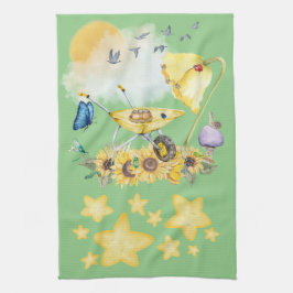 Cute Watercolor Cottagecore-Gult på grönt | Kökshandduk