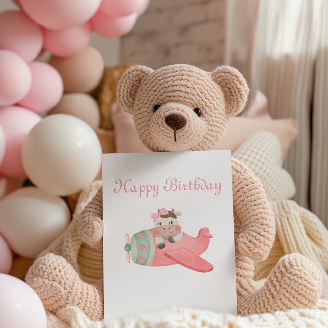 Cute Watercolor Cow & Airplane Whimsical Birthday Julkort (Skapare uppladdad)
