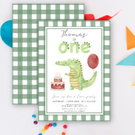 Cute Watercolor Crocodile First Birthday Inbjudningar