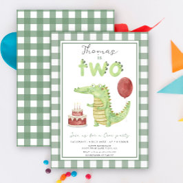 Cute Watercolor Crocodile Two Födelsedagsfest Inbjudningar
