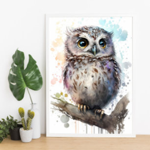 Cute Watercolor Cute Uggla Woodland Nursery Poster