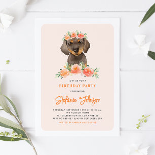 Cute Watercolor Dachshund Blommigt Barns födelseda Inbjudningar