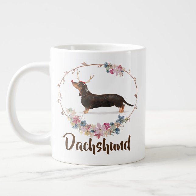 Cute Watercolor Dachshund Blommigt jul Jumbo Mugg (Vänster)