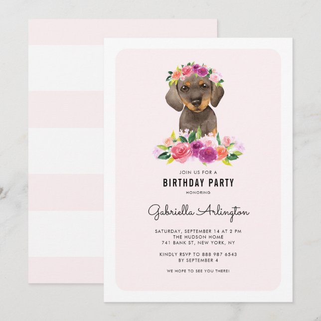 Cute Watercolor Dachshund Rosa Blommigt Birthday Inbjudningar (Fram/baksida)