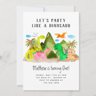 Cute Watercolor Dino Mountain Dinosaur Birthday Inbjudningar