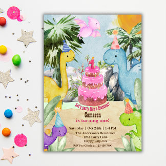 Cute Watercolor Dinosaur 1:a födelsedagen Party Inbjudningar