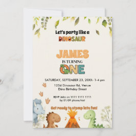 Cute Watercolor Dinosaur 1st Birthday Invitation Inbjudningar