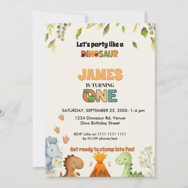 Cute Watercolor Dinosaur 1st Birthday Invitation Inbjudningar (Framsida)