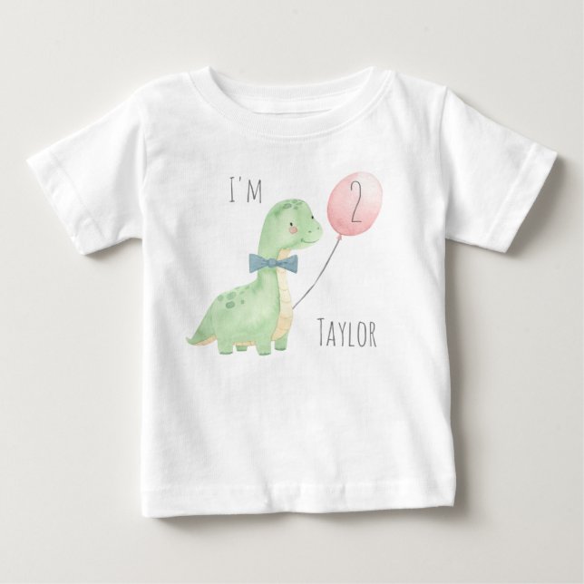 Cute Watercolor Dinosaur 2 år gammal födelsedag T Shirt (Framsida)