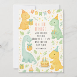 Cute Watercolor Dinosaur 3:e födelsedagsinbjudan Inbjudningar