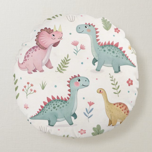 Cute Watercolor Dinosaur Baby Rund Kudde (Framsidan)